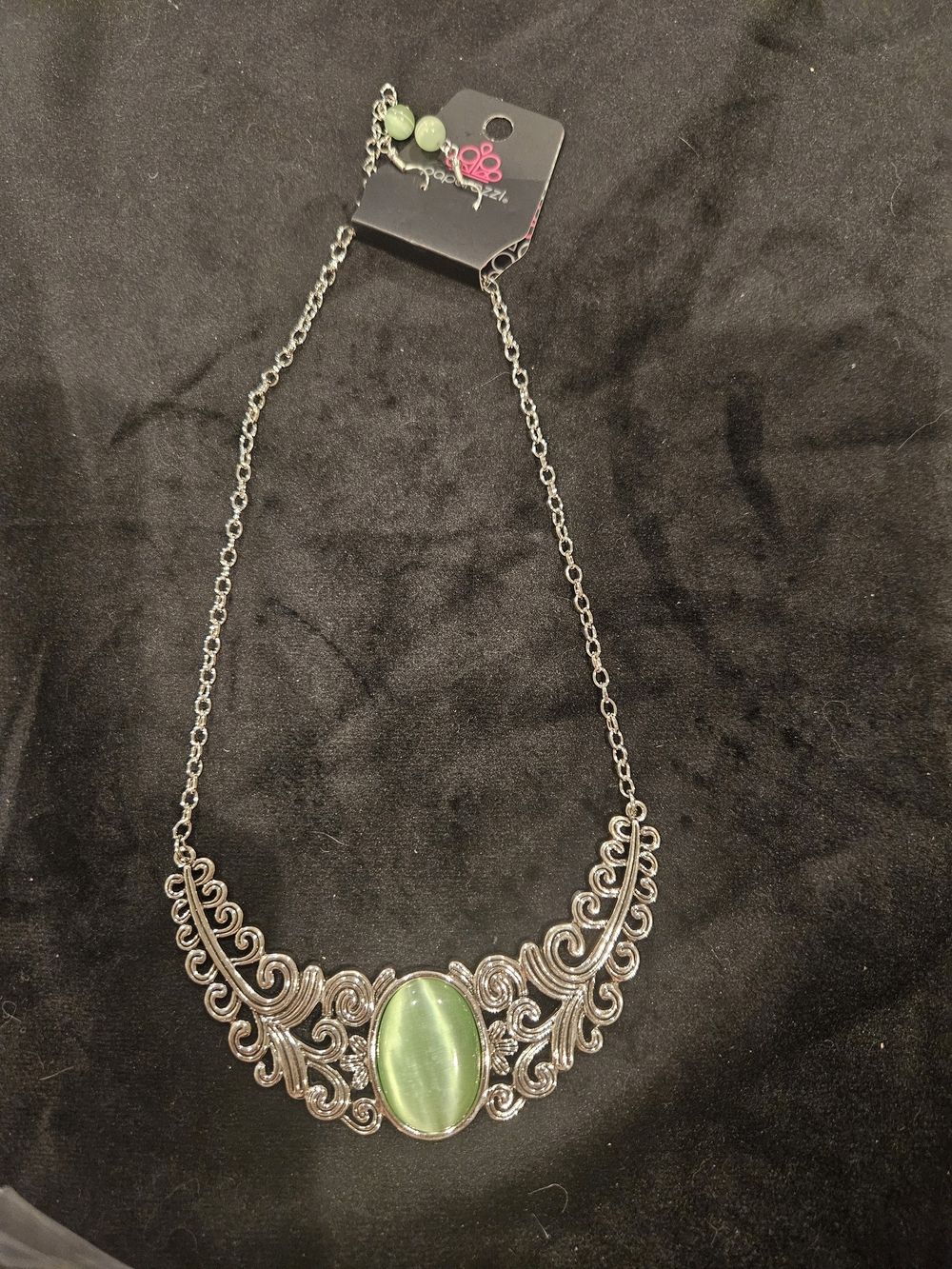 Silver Filigree Necklace with Green Oval Stone - Women's Jewelry